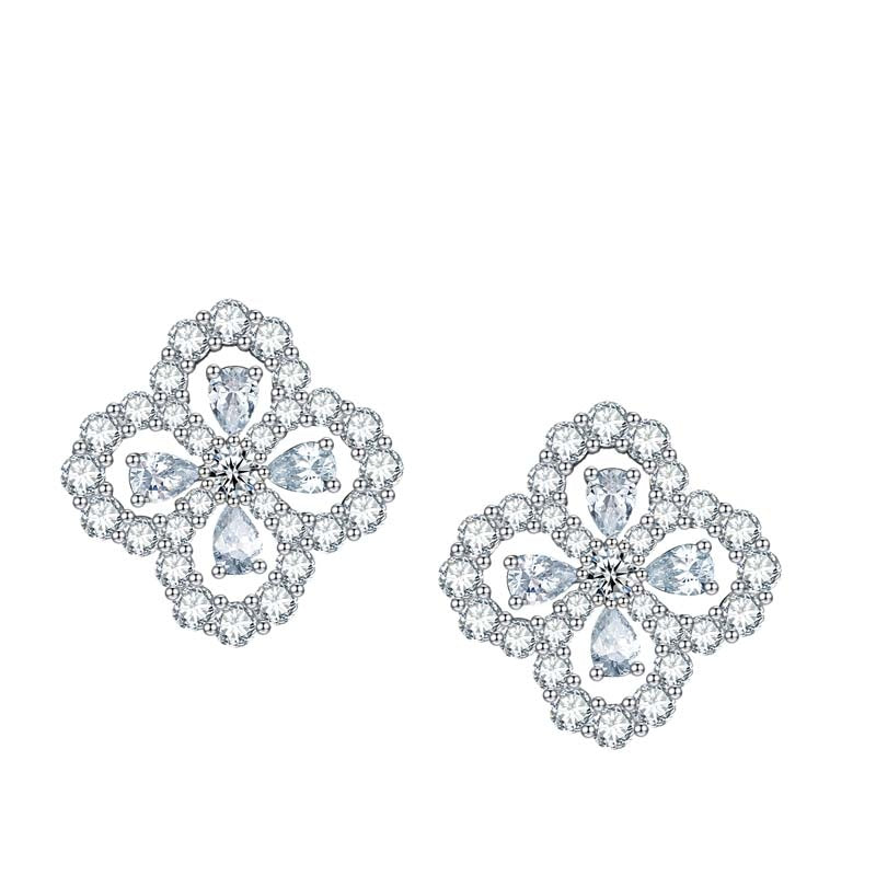 S925 Sterling Silver Moissanite Flower Stud Earrings  Pear Cut Clover Design With GRA Certificate Platinum Plated Jewelry Gift Box Set For Women