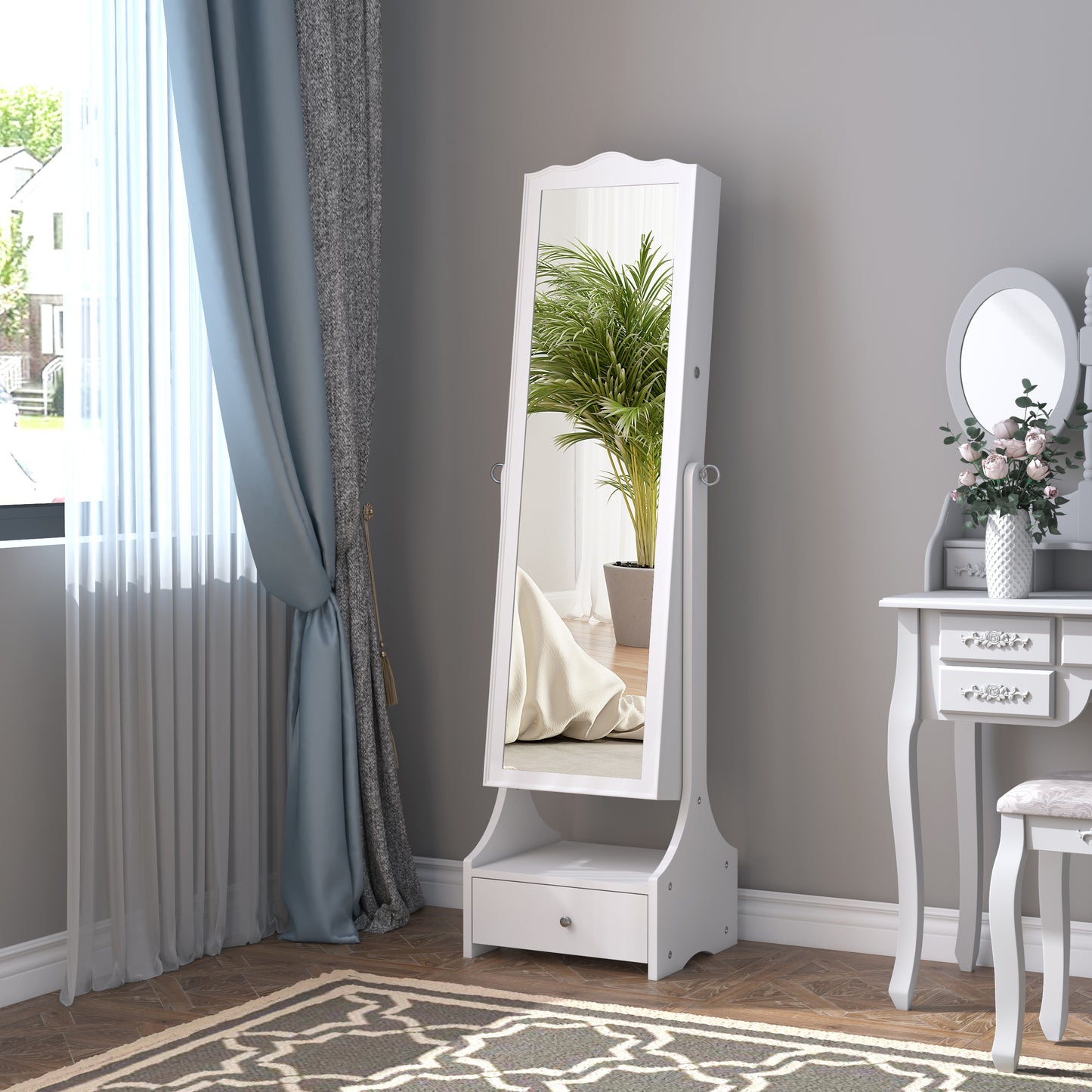 Jewellery Cabinet With Led, Mirroir Cabinet Armoire Floor Standing Flip-over Makeup Shelf Organizer With Lock White