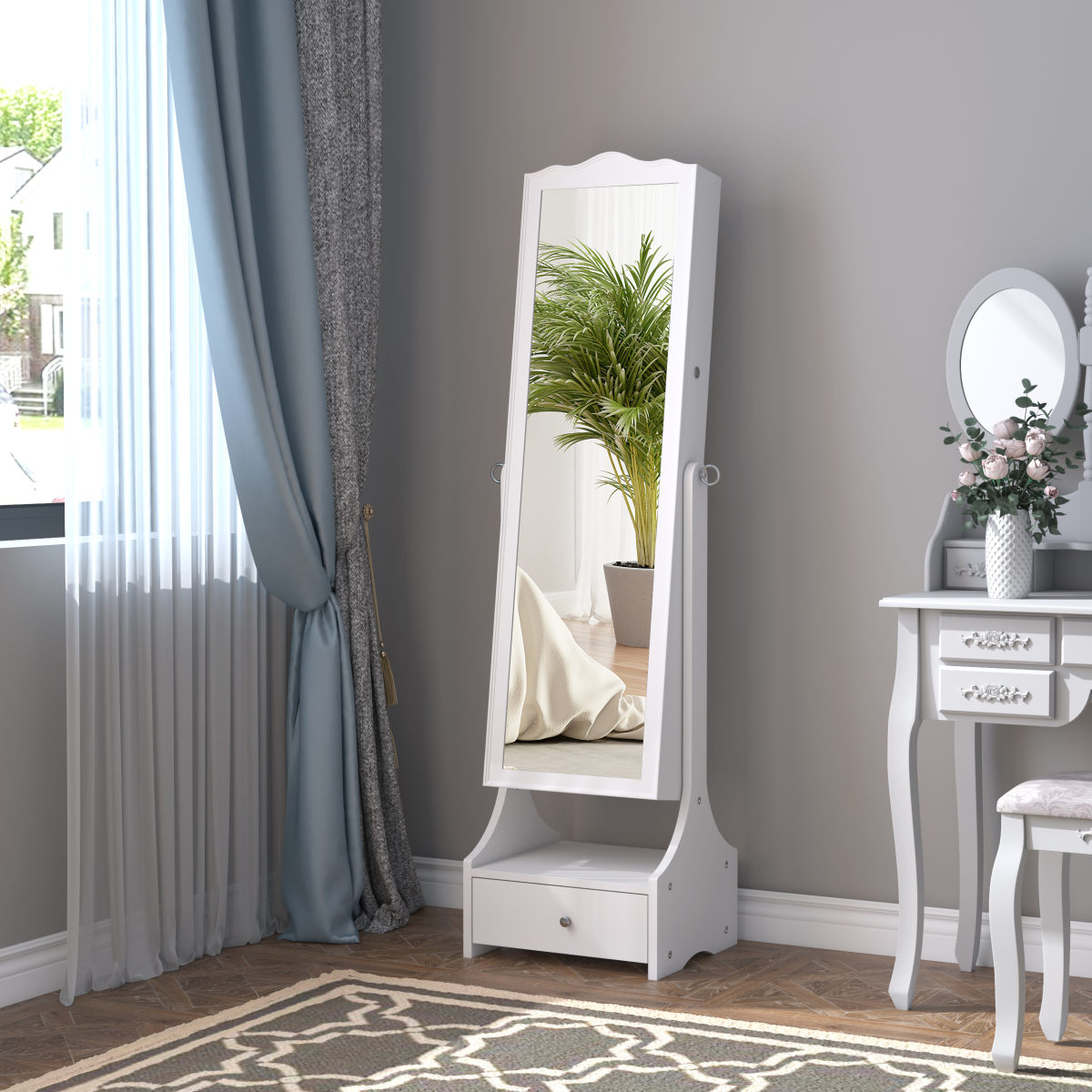 Jewellery Cabinet With Led, Mirroir Cabinet Armoire Floor Standing Flip-over Makeup Shelf Organizer With Lock White