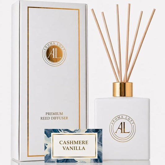 Aroma Loft White Reed Diffusers Sticks in Oil Set with Cashmere Vanilla Scent | Long-Lasting Reed Diffusers for Home, Offi...