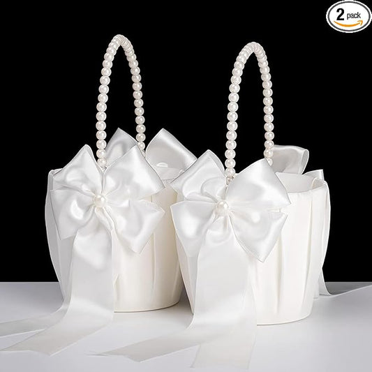 Flower Girl Baskets for Wedding,Ivory Flower Girl Basket With Pearl Handle set of 2,Wedding Baskets for Flower Girls