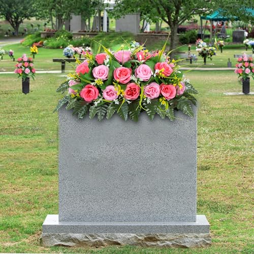 MOOMASS Cemetery Headstone Flower Saddle - Artificial Cemetery Flowers Rose, Grave Decoration，Non-Bleed Colors, and Easy F...