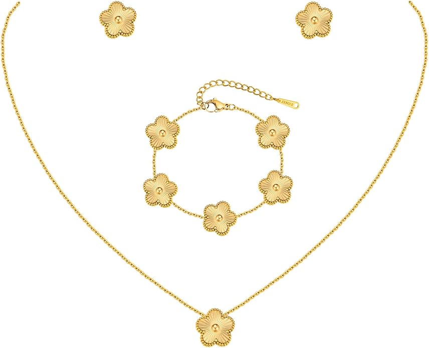 Gold Necklaces Bracelets Earring Set - 18K Gold Plated Flower Bracelet Chain,Stainless Steel Non Tarnish Floral Pendant St...