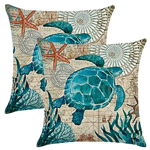 ULOVE LOVE YOURSELF Sea Turtle Throw Pillow Case Mediterranean Style Sea Theme Decorative Square Cotton Linen Cushion Cove...