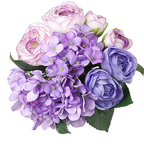 Felice Arts 12" Purple Hydrangea Silk Flowers Bouquet, Peonies Artificial Flowers for Wedding Bridal Bouquets Home Table C...