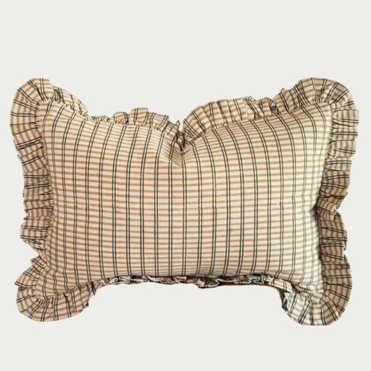 Palm & Loom 100% Cotton Linen Cushion Cover - Mitti Decorative Throw Pillow Case with Brown Check with Self Ruffle Trim - ...