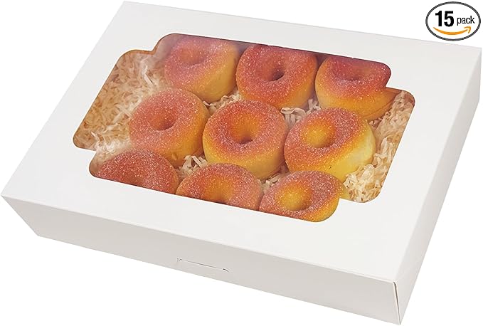qiqee Auto-pop up 12x8x2.5 inch White Cookie Box with Window 15 Packs Two Uses One Second Folding Pastry Biscuit Bakery Bo...