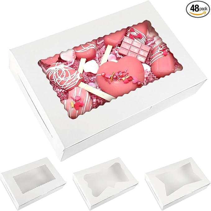 Moretoes 48pcs Bakery Boxes,12x8x2.5 Inches Cookie Boxes with 3 Style Window for Chocolate Covered Strawberries, Desserts,...