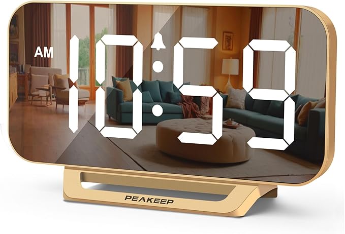 Peakeep Slim Digital Mirror Aesthetic Alarm Clock for Bedrooms Desk Decor - Plug in Electric Big LED Modern Small Clock fo...