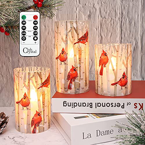 Crystal Club Flameless Candles, Cardinal Theme, (Set of 3) Battery Operated LED Candles with Remote, Real Wax & Glass Effe...