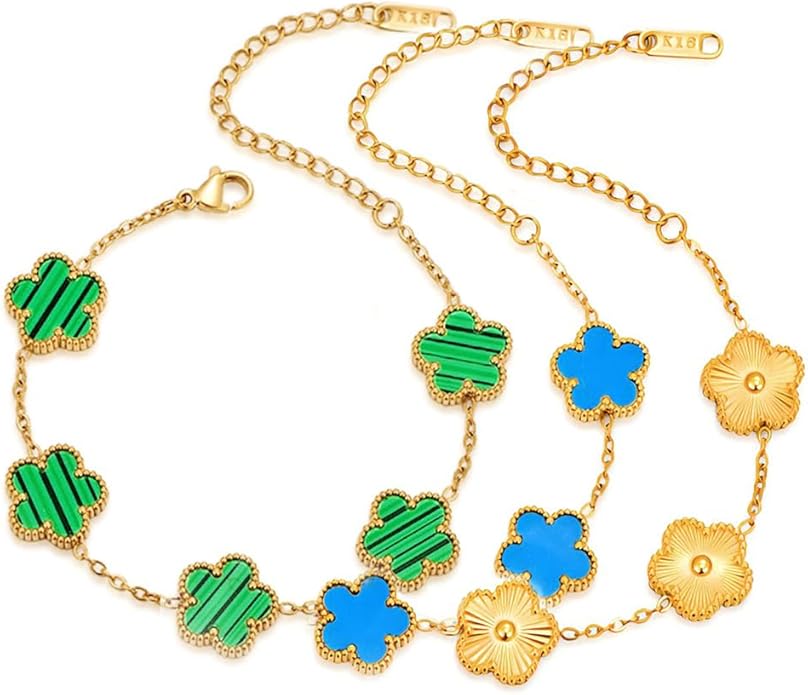 FLY FEI 18K Gold-Plated Four Leaf Clover Bracelet for Women,Adjustable lucky Bracelet Set Jewelry Gift-Hypoallergenic Char...