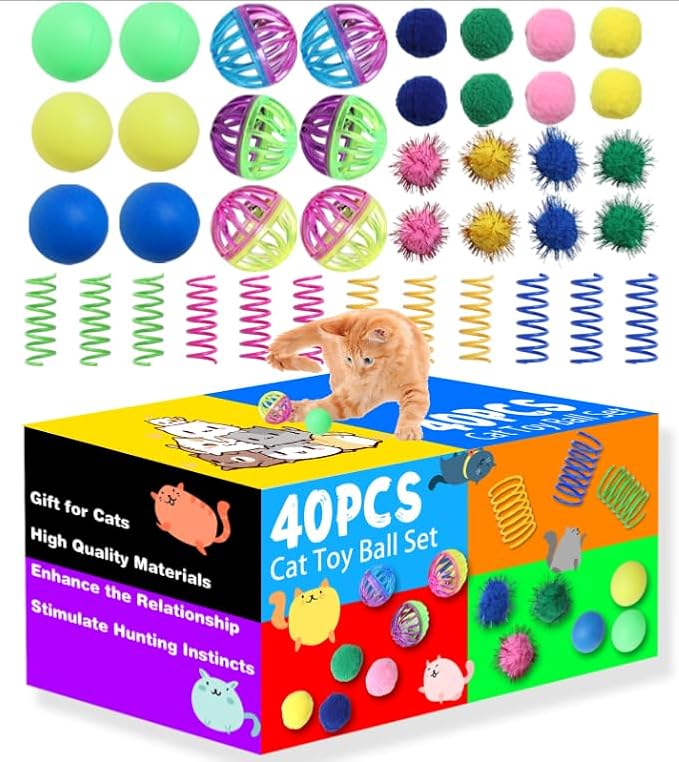 Flashine Cat Toys for Indoor Cats 40 PCS Kitten Toys Cat Interactive Toys Pack Including Cats Springs Sparkle Ball Pom Pom...