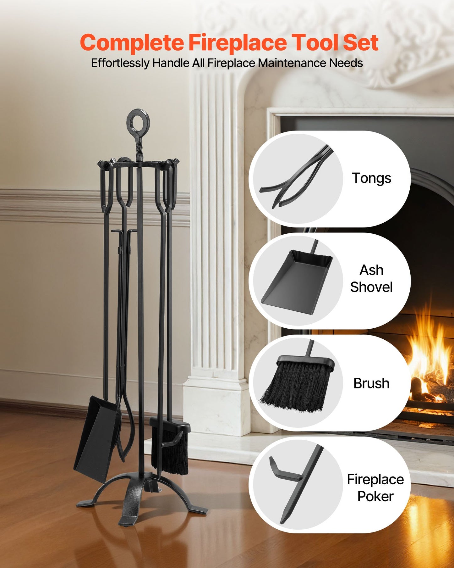 Fireplace Tool Set, 5 PCS Fire Tool Set And Holder With Four-Prong Stand, Tongs, Ash Shovel, Brush, Fire Place Poker, Wrought Iron Fireplace Accessories For Campfire Indoor/Outdoor, Black