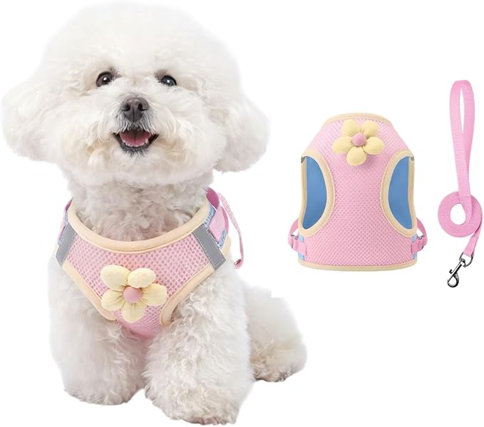 Floral Mesh Dog Harness with Matching Leash, Lightweight Pet Vest,Suitable for Small and Medium-Sized Cats and Dogs to Wea...