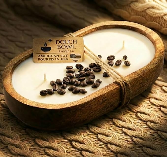 Dough Bowl Candle Co. Vanilla Latte Soy Candle - 3 Wick Rustic Farmhouse Decor Odor Eliminator in Wooden Bowls, 20 Oz Wood...
