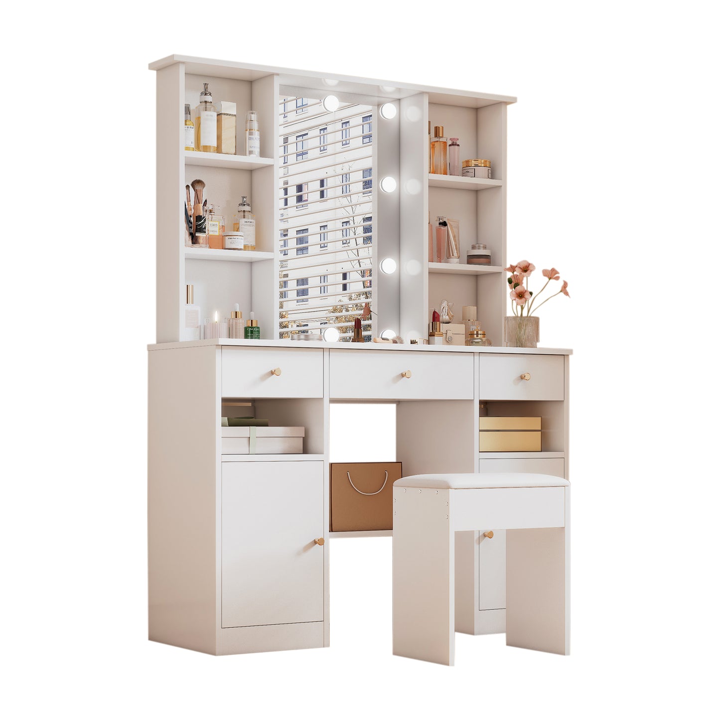 Large Dressing Table, Makeup Table With Adjustable LED Lighting, With Mirror And Dressing Table Stool, 3 Drawers And 2 Doors, Bedroom White, Dimensions H151 Cm XB110cmX T40 Cm