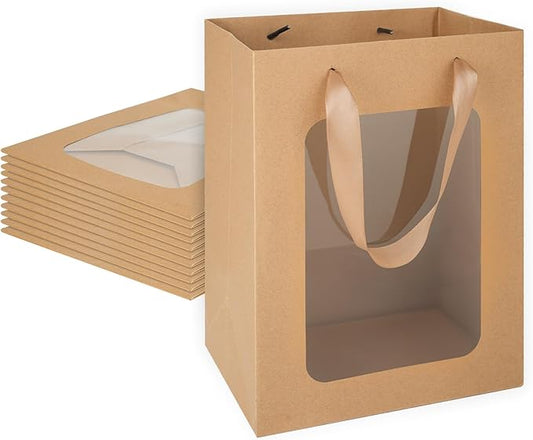 MOXARYSU 12 Pcs Brown Gift Bags with Clear Window: 9.8x5.1x7.1 Inch Small Medium Kraft Paper Bags with Handle For Party Bu...
