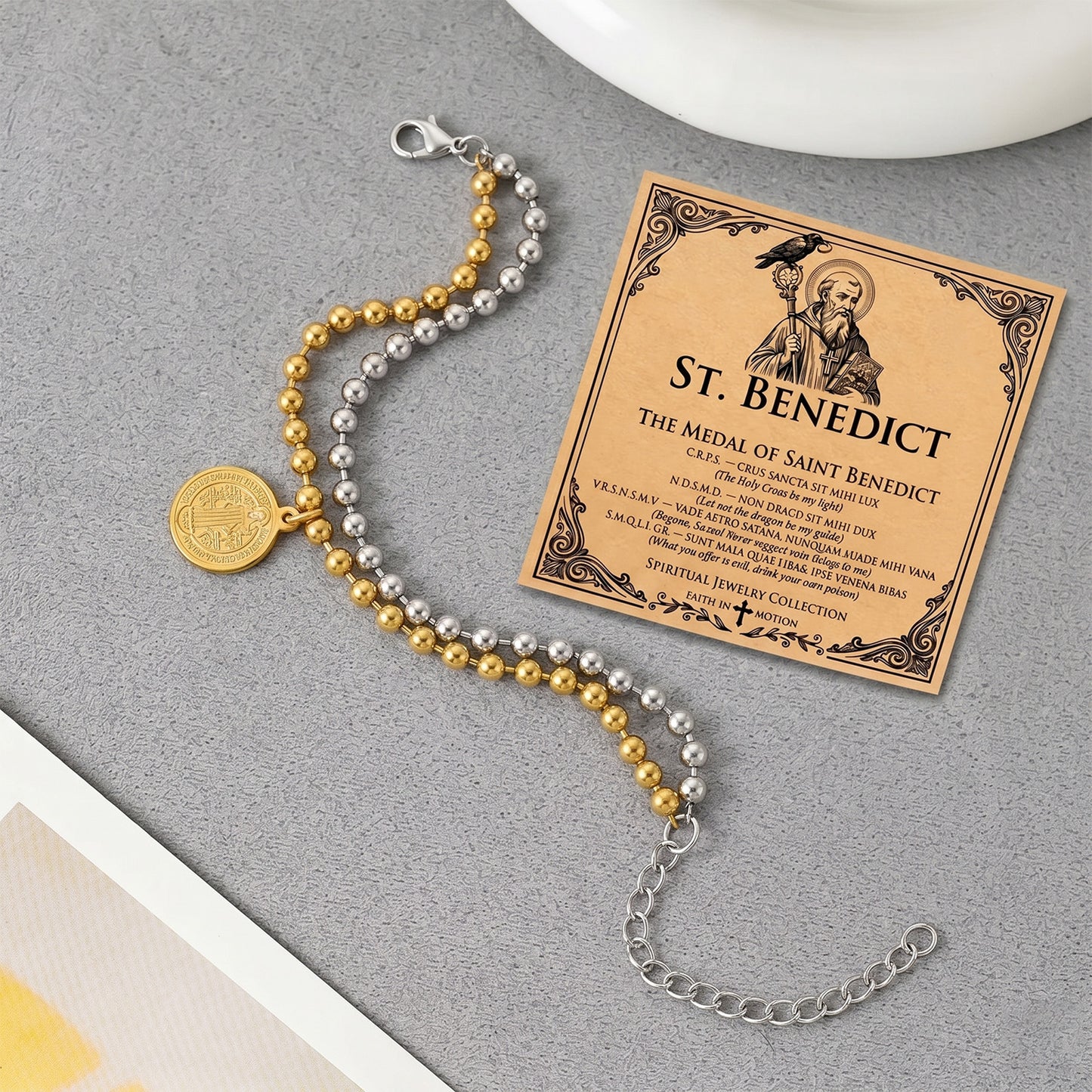Double Layer St Benedict Bracelet Gold Silver Two Tone Stainless Steel Ball Bead Chain San Benito Medal Protection Charm Catholic Jewelry Religious Gifts For Her