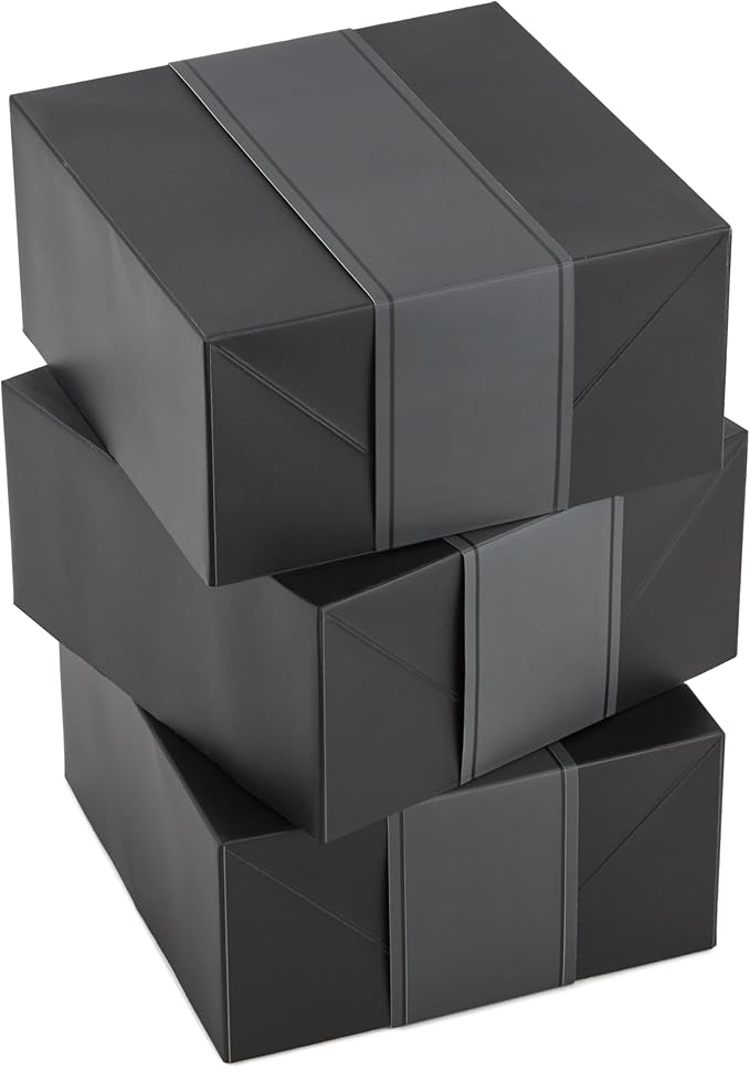 Hallmark 8" Medium Black Gift Boxes with Wrap Bands (3 Boxes, 3 Wrap Bands) for Weddings, Bridal Parties, Groomsmen Gifts,...