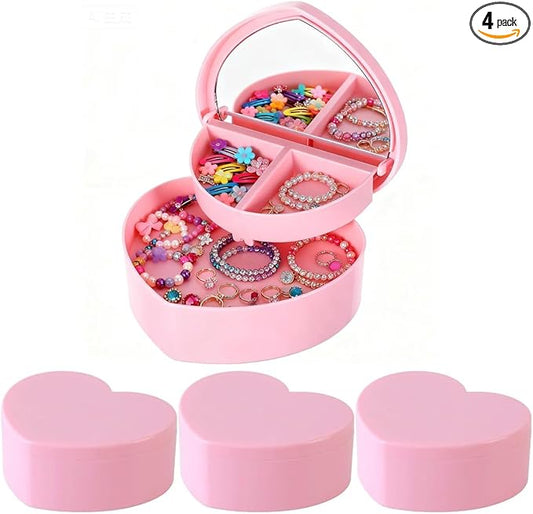 Cabilock 4 PCS Heart Shape Double Layer Jewelry Box with Mirror, Portable Jewelry Organizer Case for Earrings Rings Neckla...