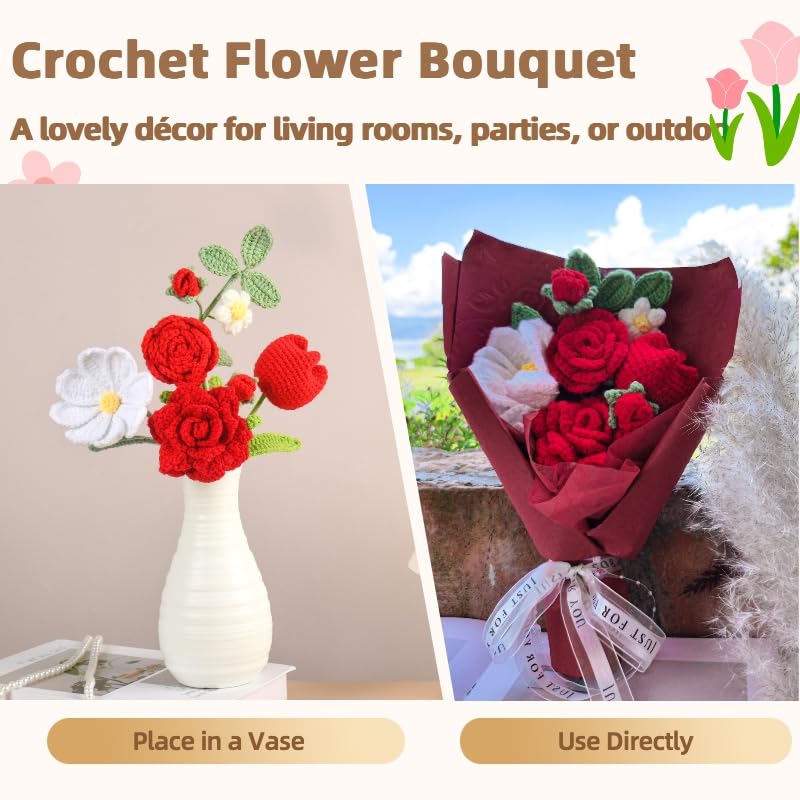MengxFly Crochet Flower Bouquet Red Handmade Crochet Flowers, Romantic Gift for Her, Knitted Floral Bouquet with Gift Box ...