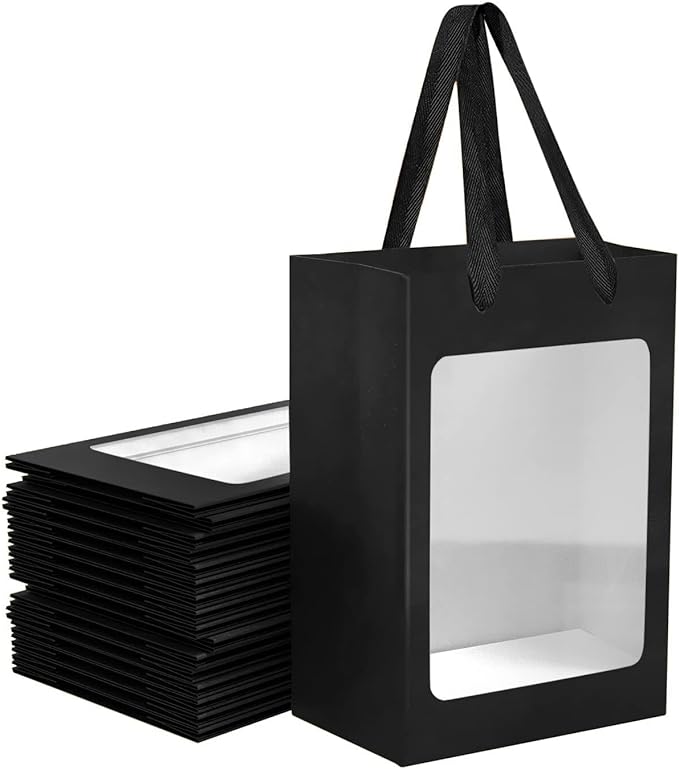 BallHull 12 Pcs Black Kraft Paper Gift Bags with Transparent Window, 9.84"x7.0"x5.12" Kraft Shopping Bags with Handles for...
