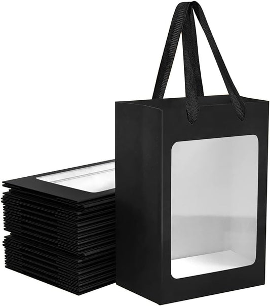 BallHull 12 Pcs Black Kraft Paper Gift Bags with Transparent Window, 9.84"x7.0"x5.12" Kraft Shopping Bags with Handles for...