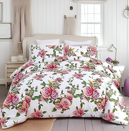 DaDa Bedding Romantic Roses Floral Duvet Cover Set - Lovely Spring Garden Pink w/Pillow Cases - Bright Vibrant Colorful Bl...