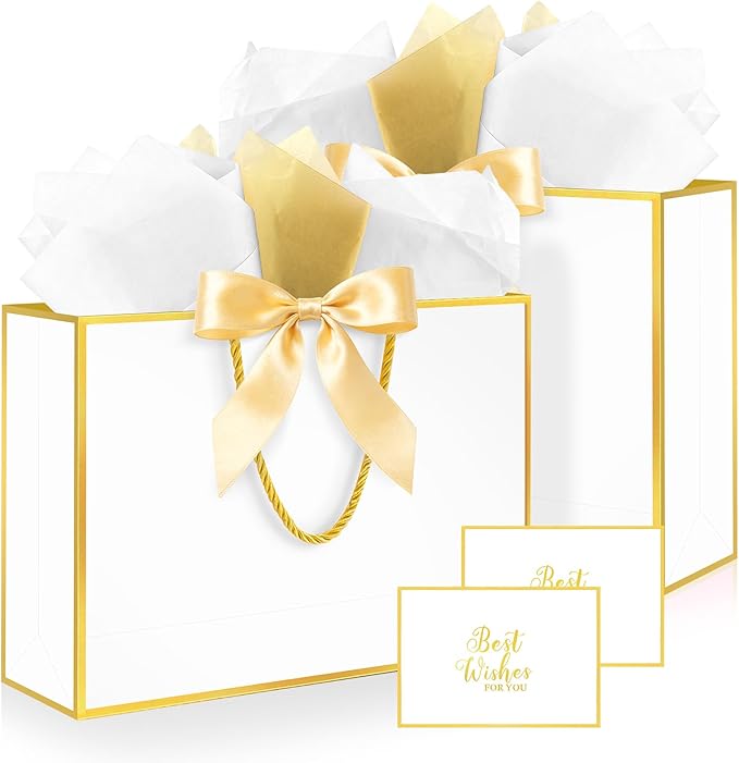 Ethhqu Fancy Large Gift Bags with Handles, 2 Pack 12.6x10x4 Inches - Includes Tissue Paper & Cards for Birthday, Baby Show...