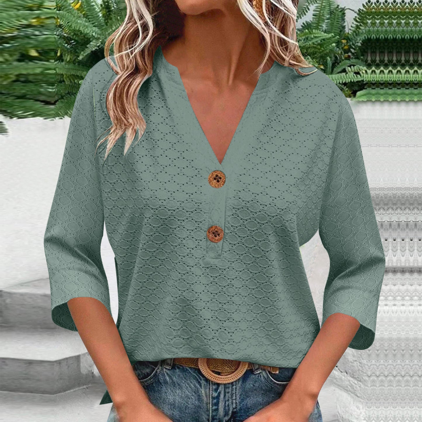New Womens Fashion Casual Solid-color V-neck Long-sleeve Top With Buttons
