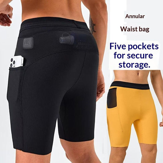 Mens Waist Bag Quick-Dry Sports Pants Tight-Fitting Pocketed Running & Fitness Shorts