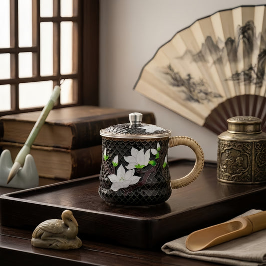 925 Sterling Silver Elegant Cloisonné Tea Mug with White Magnolia Blossoms and Woven Rattan Handle - Handicraft
