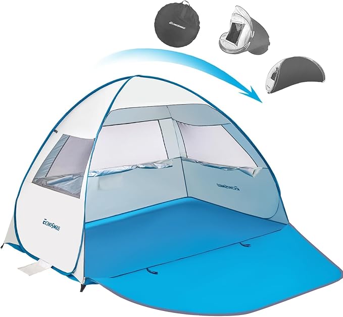EchoSmile Pop Up Beach Tent for 4 Person Family, UPF 50+ Sun Shelter & Waterproof Beach Shade, Automatic Easy Setup Portab...