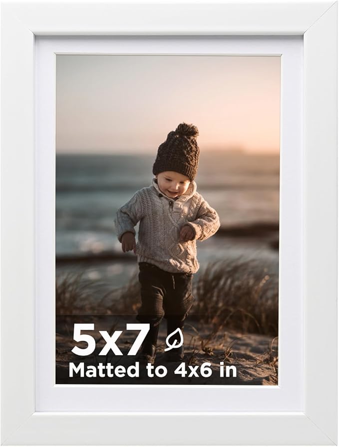 KINLINK 5x7 Picture Frame White, Wooden Photo Frame Matted 4x6 with Plexiglass for 4x6 with Mat or 5x7 without Mat for Tab...