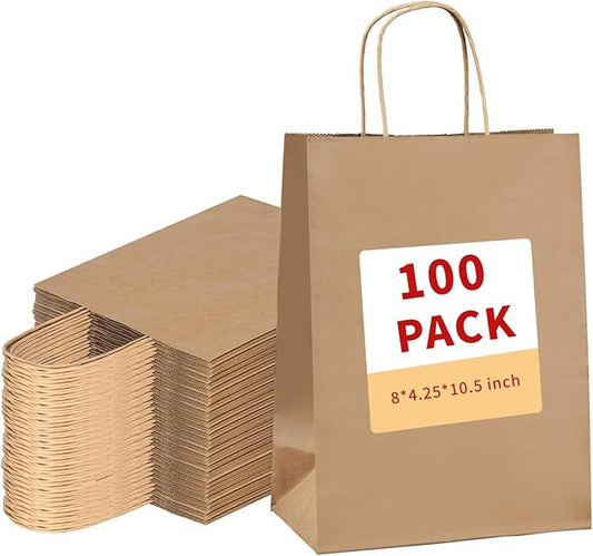 vanhel 100 Pack Brown Paper Bags with Handles,8x4.25x10.5 Inches,Gift Bags Medium Size,Gifts Bag Bulk for Festival,Birthda...