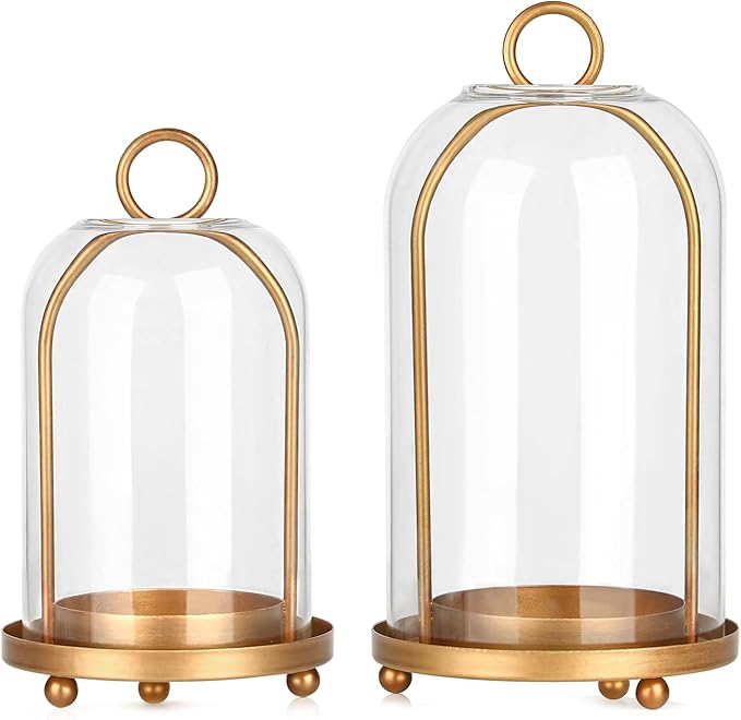 Vintage Brass Metal Candle Lantern with Thick Glass Dome – Set of 2 Shabby Chic Style Candle Holders (5.25"x10" & 4.5"x7.8...