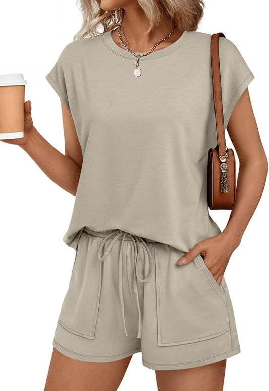 AUTOMET Womens Crew Neck Two Piece Short Sets Cap Sleeve Drawstring Summer Sweatsuit with Pocket