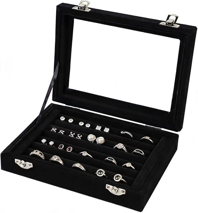 EONGOA Jewelry Box Rings Organizer Tray 7 Slots Velvet Jewelry Earring Storage Box With Transparent Lid Jewelry Display Ca...