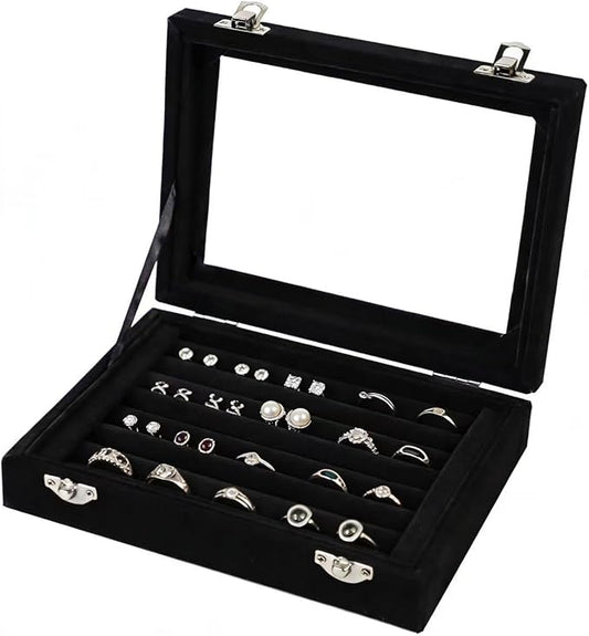 EONGOA Jewelry Box Rings Organizer Tray 7 Slots Velvet Jewelry Earring Storage Box With Transparent Lid Jewelry Display Ca...