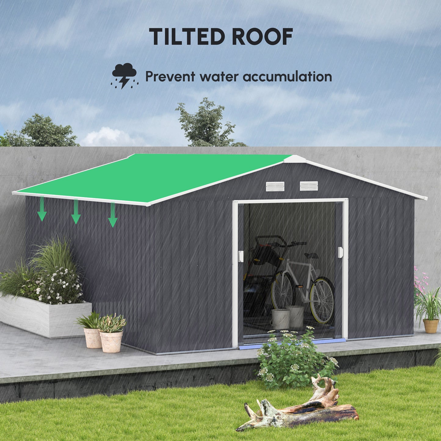 11 x 13 Garden Metal Shed, Storage Shed Utility Storage with Double Locking Doors for Bike, Yard Tools, Dark Gray