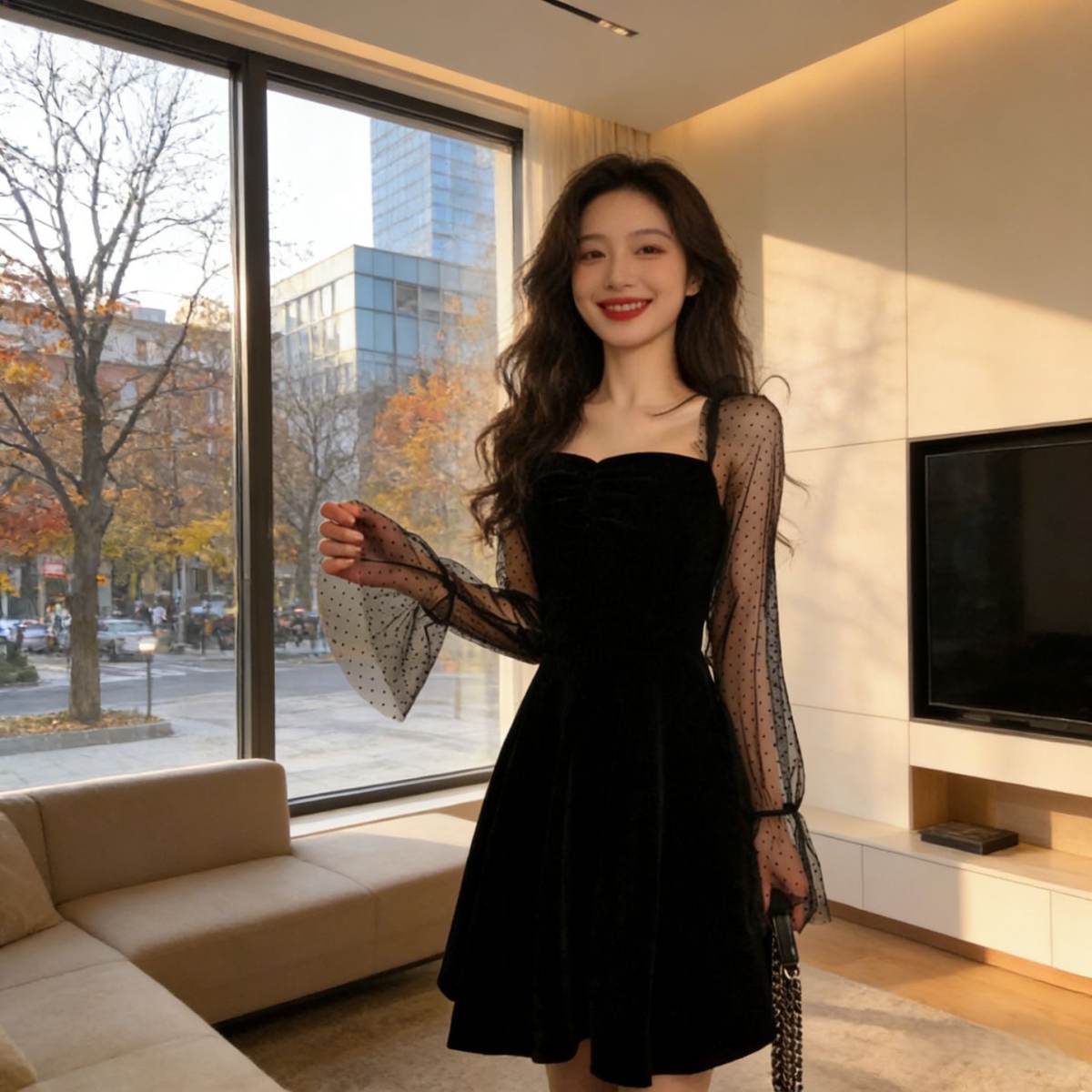 Korean-style Retro Elegant Chiffon-Sleeved A-line Dress