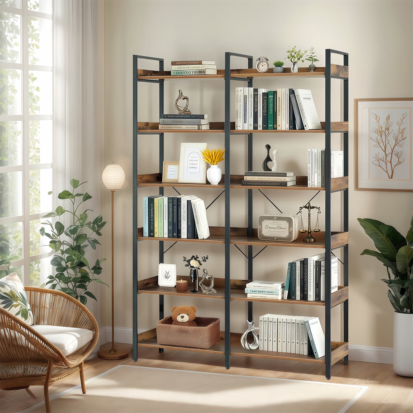 6-Tier Industrial Bookshelf, 67  Wooden Bookshelf With Open Shelves, Freestanding Metal Frame Bookcase For Storage And Display, Modern Book Shelves For Bedroom, Living Room And Home Office, Brown