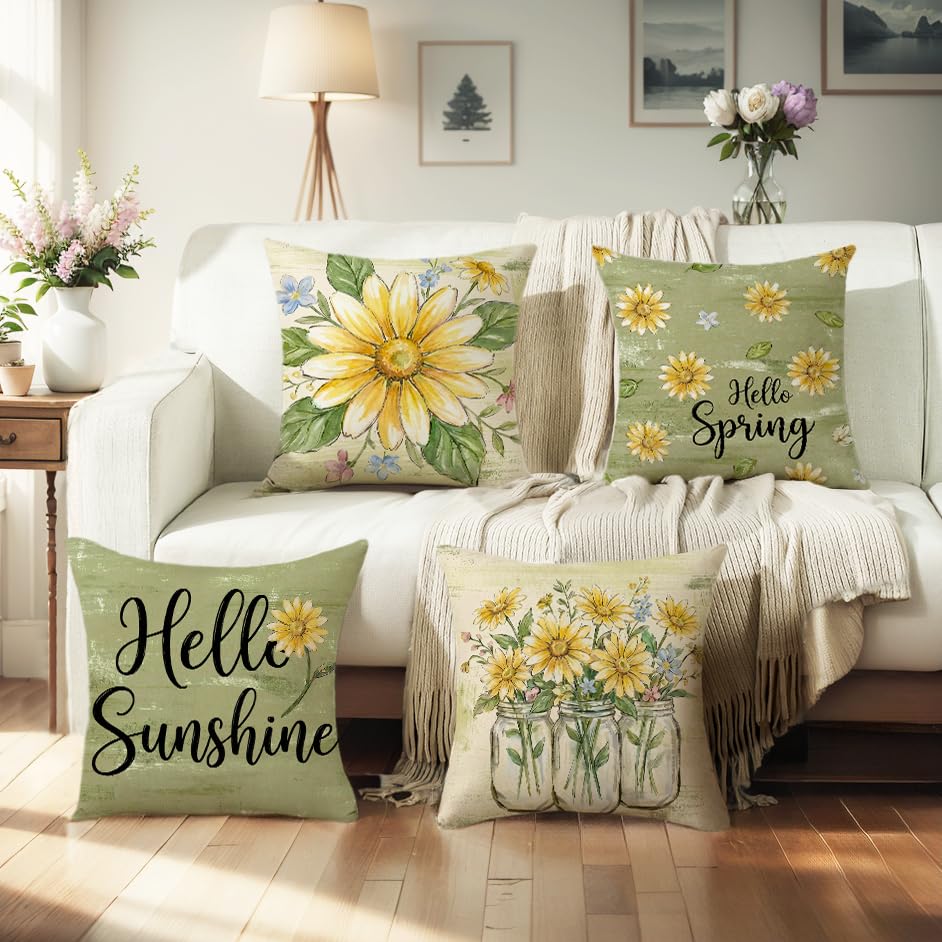 wyooxoo Spring Pillow Covers 16x16 Set of 4 Olive Green Farmhouse Throw Pillow Covers Floral Decorative Cushion Cases for ...