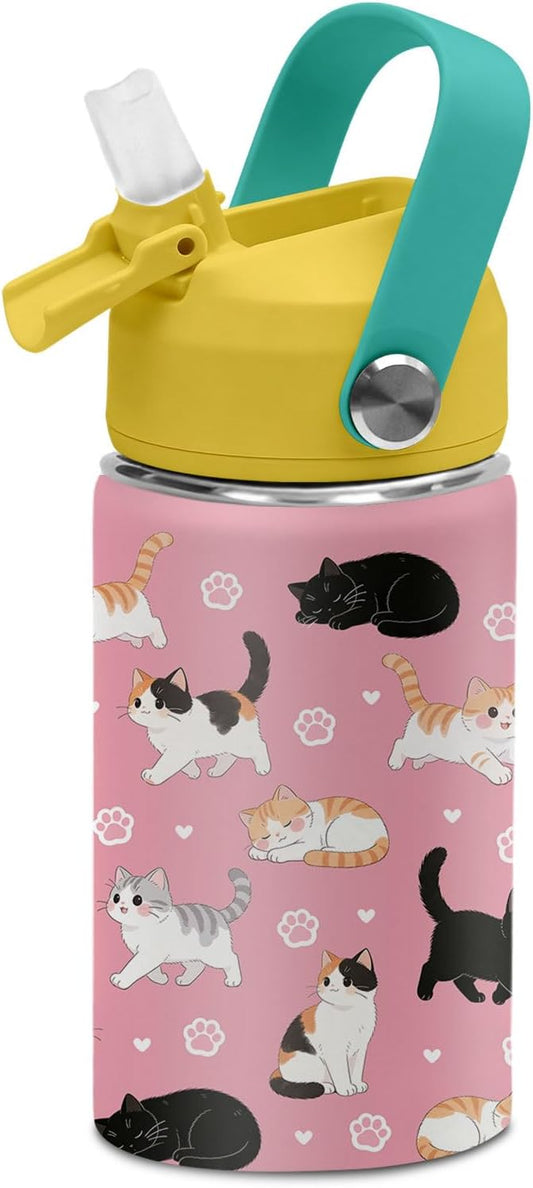 Cat Water Bottle for Girls, 12 Oz Stainless Steel Tumblers for Women with Straw Lid and Handle, Mugs for School or Travel,...