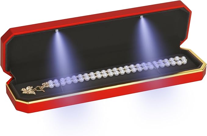 Luxury LED Necklace Long Chain Gift Box with LED Light, Velvet Jewelry Box Storage Case Organizer Holder (Red)
