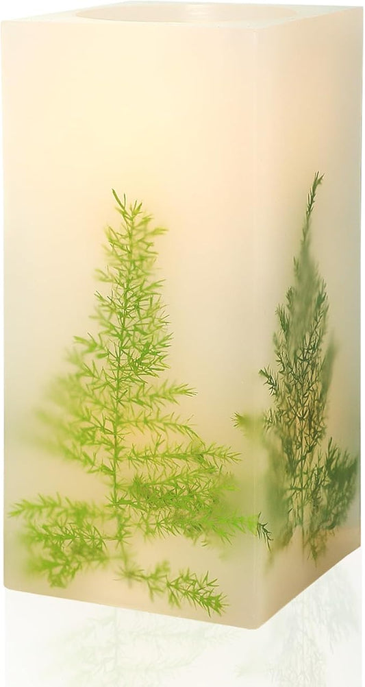 Holitown LED Flickering Flameless Real Wax Ivory Square Pillar Candle Artificial Asparagus Fern Battery Operated with Time...