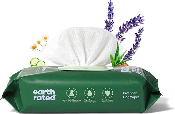 Earth Rated Dog Wipes, Hypoallergenic, 3-in-1 Cleaning and Hydrating, for Grooming Paws, Body and Butt, Lavender Scented, ...