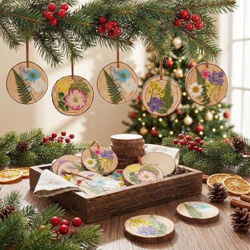 Maasechs 20 Set Spring DIY Wooden Crafts with Dried Pressed Flowers Leaves Unfinished Wood Slices Hanging Ornaments for Ar...