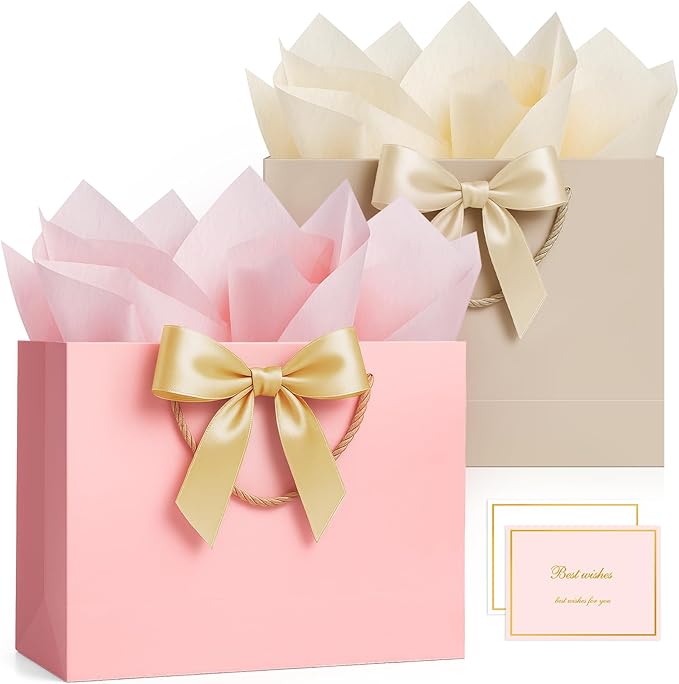 ANZNKU 2PCS Pink & Beige Gift Bags for Women, Medium Gift Bags with Handles 4 Tissue Paper 2 Ribbons 2 Cards for Her Weddi...