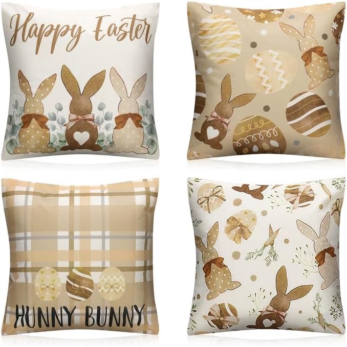 Ovveroche Farmhouse Throw Pillow Covers 18x18 Inch, 4 Pack Linen Textured Rabbit Pillow Covers, Rustic Linen Cushion Case ...